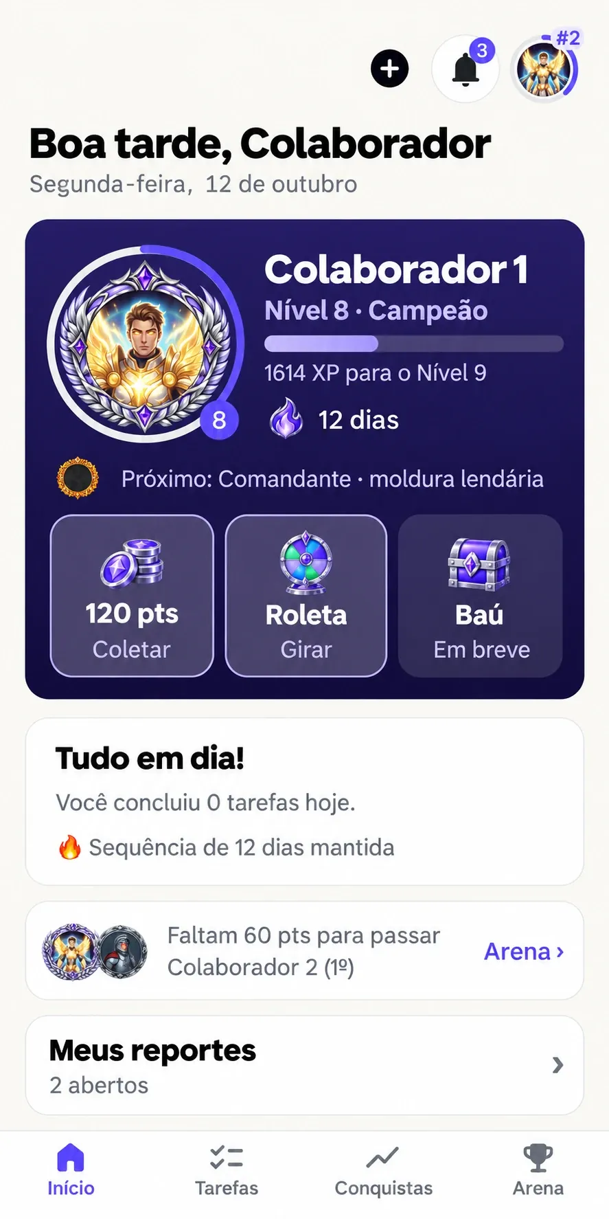Tela inicial do app: nível, pontos, sequência, roleta e baú